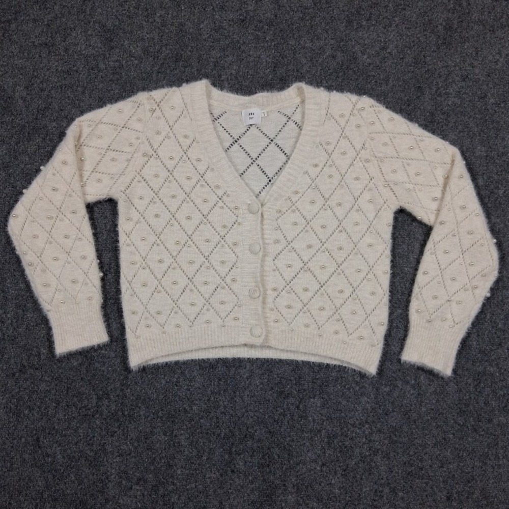 Luna Ivy Cream Pearl Embellished‎ Diamond Pointelle Knit Cardigan Sweater Size M
